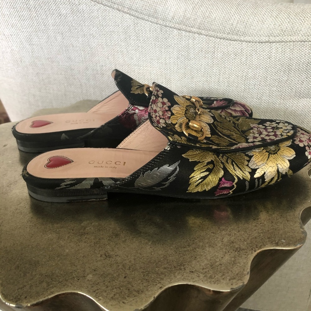 Gucci Floral Embroidered Black Gold Horsebit Mules - Picture 4 of 6
